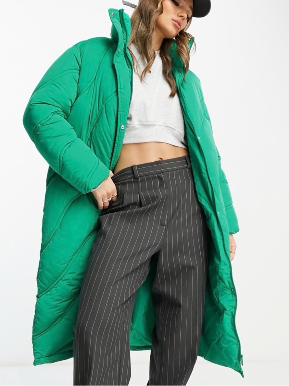 River Island Quilted Longline Puffer Coat Oversized Winter Jacket Green Size 6